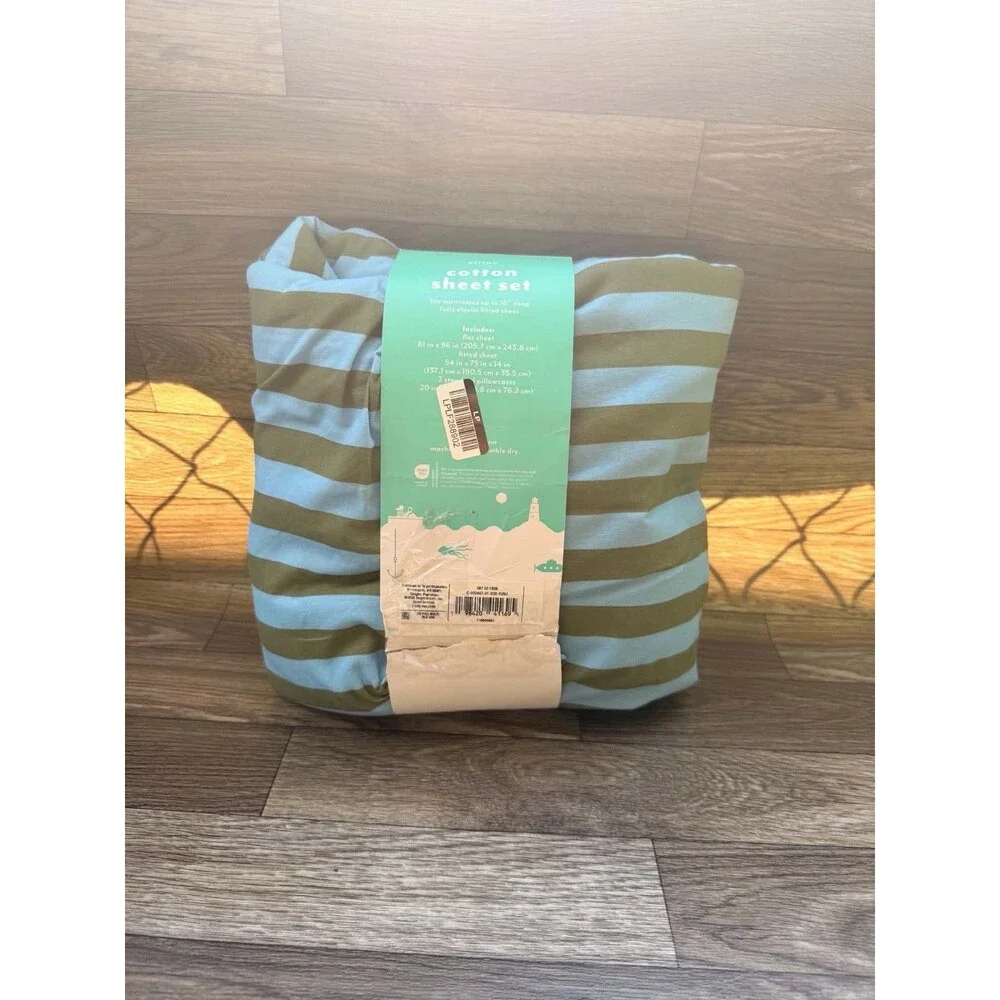 Pillowfort Full Striped Cotton Kids Sheet Set Blue Green New Open Package